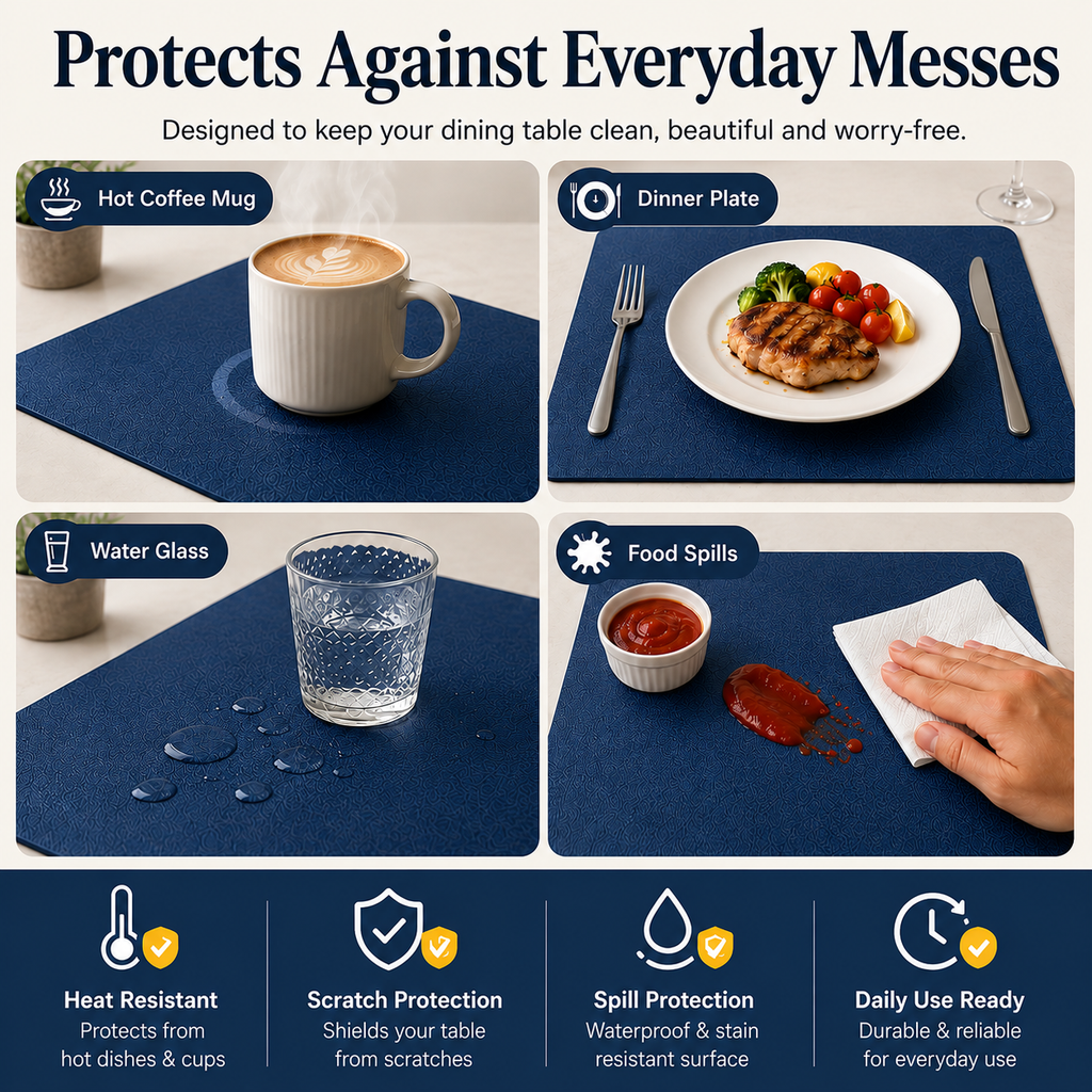 Yelona Premium Double-Sided PU Leather Placemat Set of 4 | Reversible Waterproof Heat Resistant Table Mats | Kitchen Dining Accessories | 45 x 30 cm (Navy Blue & Yellow)