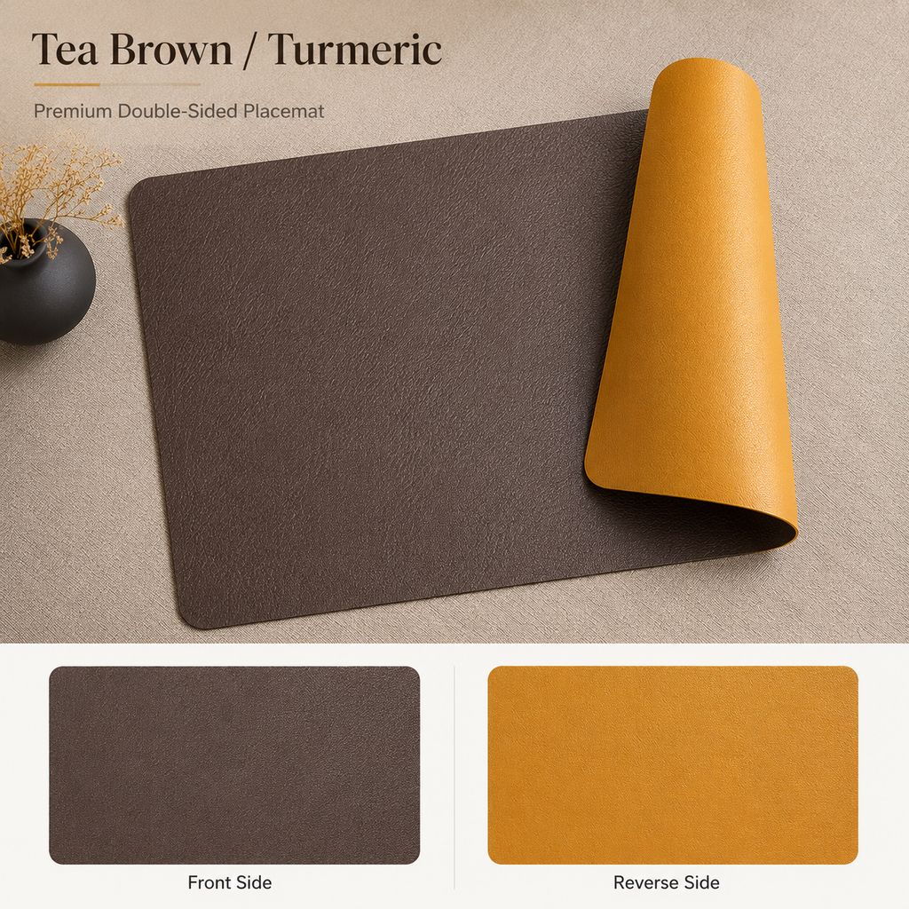 Yelona Premium Double-Sided PU Leather Placemat Set of 4 | Reversible Waterproof Heat Resistant Table Mats | Kitchen Dining Accessories | 45 x 30 cm (Brown & Turmeric)