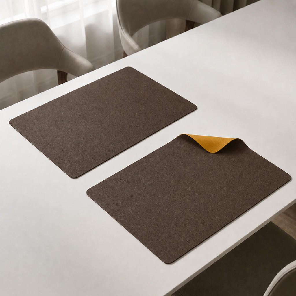 Yelona Premium Double-Sided PU Leather Placemat Set of 4 | Reversible Waterproof Heat Resistant Table Mats | Kitchen Dining Accessories | 45 x 30 cm (Brown & Turmeric)