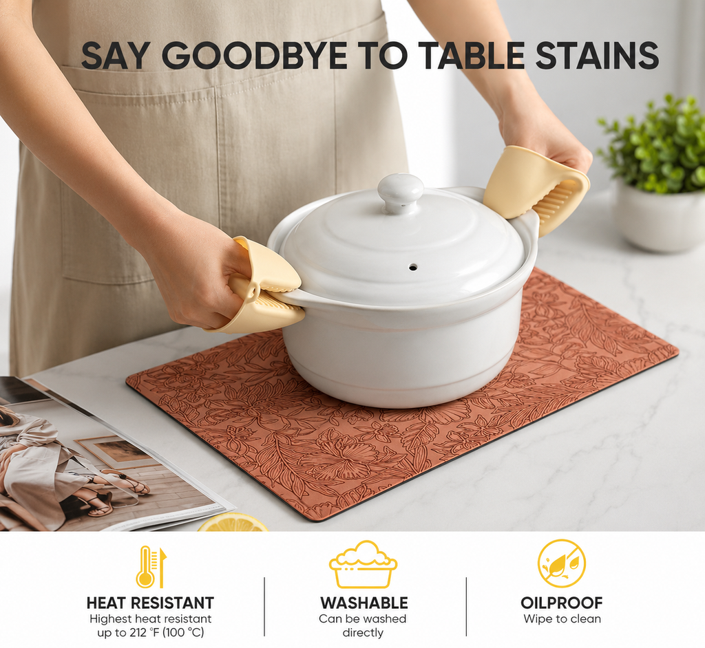 Yelona Premium Faux Leather Placemat Set of 4 | Printed Floral Design, Waterproof & Heat Resistant Table Mat | Non-Slip, Washable for Dining, Kitchen & Home Decor (Brown, 43 x 30 cm)
