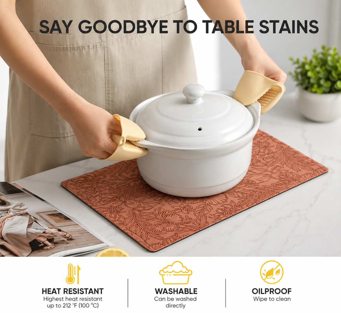 Yelona Premium Faux Leather Placemat Set of 4 | Printed Floral Design, Waterproof & Heat Resistant Table Mat | Non-Slip, Washable for Dining, Kitchen & Home Decor (Brown, 43 x 30 cm)