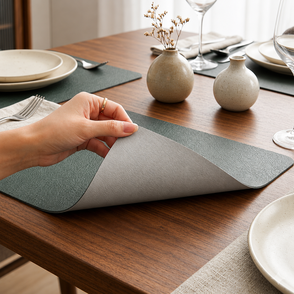 Yelona Premium Double-Sided PU Leather Placemat Set of 4 | Reversible Waterproof Heat Resistant Table Mats | Kitchen Dining Accessories | 45 x 30 cm (Dark Green & Grey)