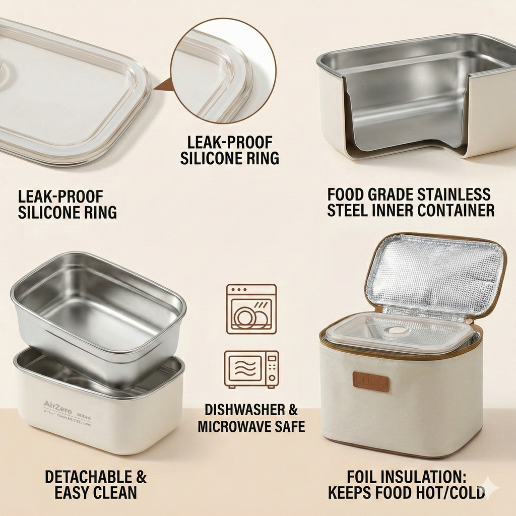 YELONA Stainless Steel Bento Lunch Box Set with Insulated Bag - Microwave & Dishwasher Safe Tiffin Box for Office & School, Leak-Proof Meal Prep Containers - 1200ml (2 x 600ml), Beige
