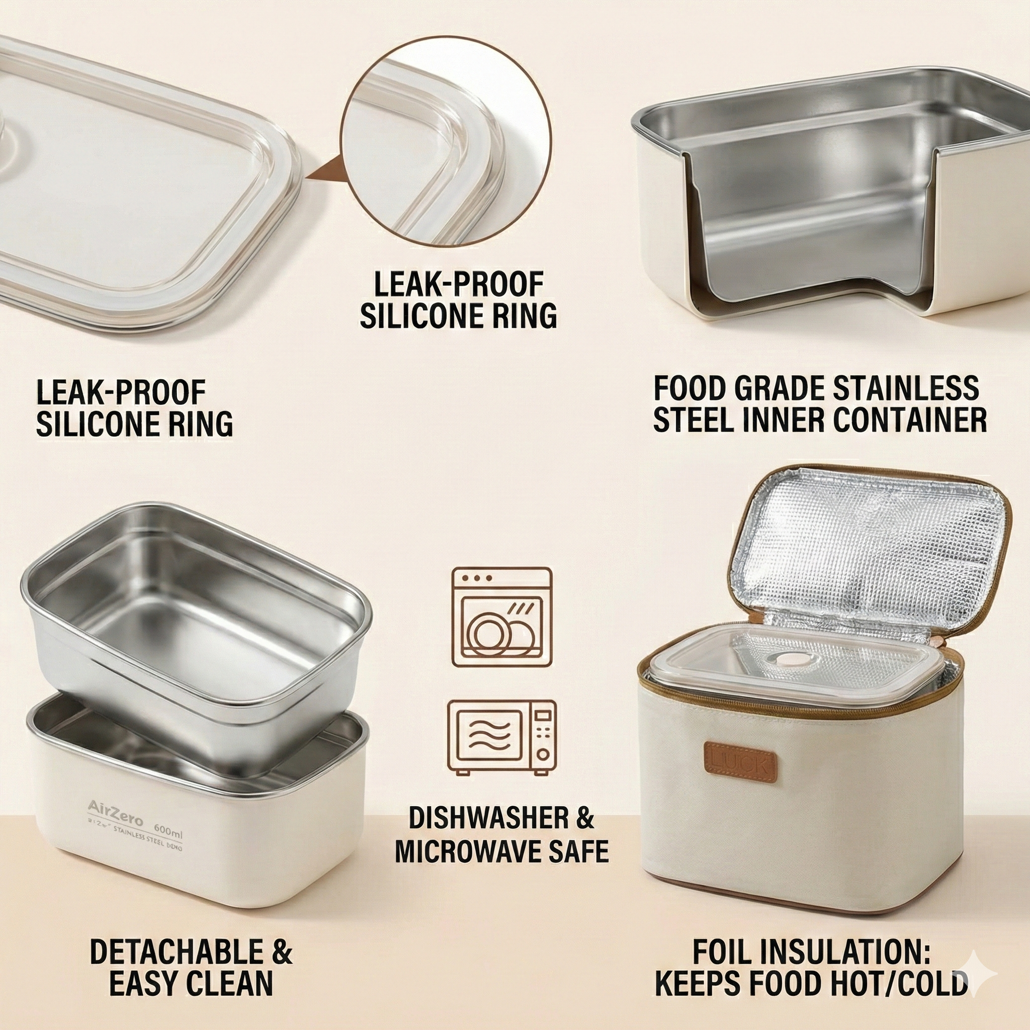 YELONA Stainless Steel Bento Lunch Box Set with Insulated Bag - Microwave & Dishwasher Safe Tiffin Box for Office & School, Leak-Proof Meal Prep Containers - 1200ml (2 x 600ml), Beige