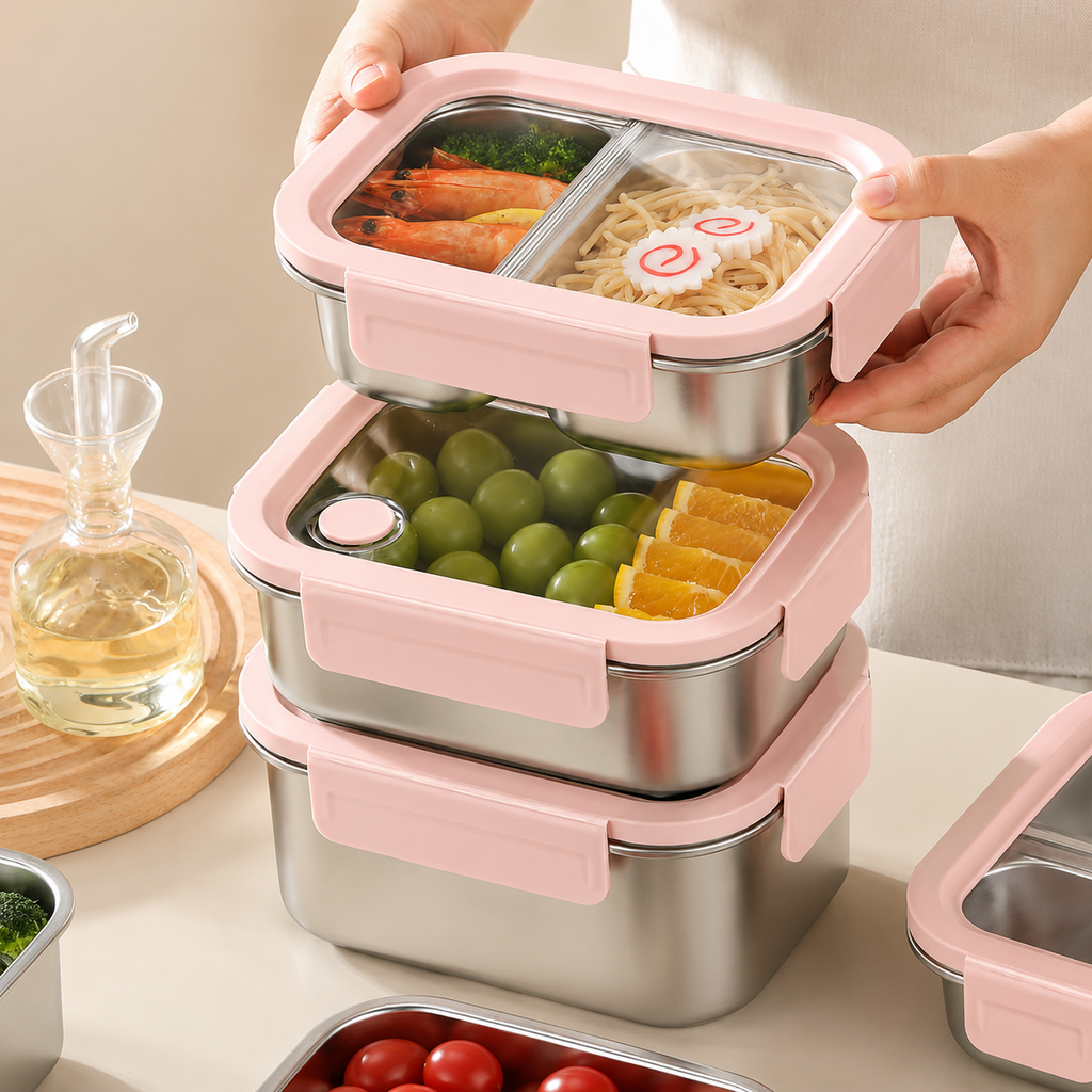YELONA 316L Stainless Steel 600ML Lunch Box for Kids & Adults | Leakproof Bento Box with 2 Compartments, Removable 4 Side Lock Lid | Microwave Safe Steel Tiffin Box for Office School Travel - Pink