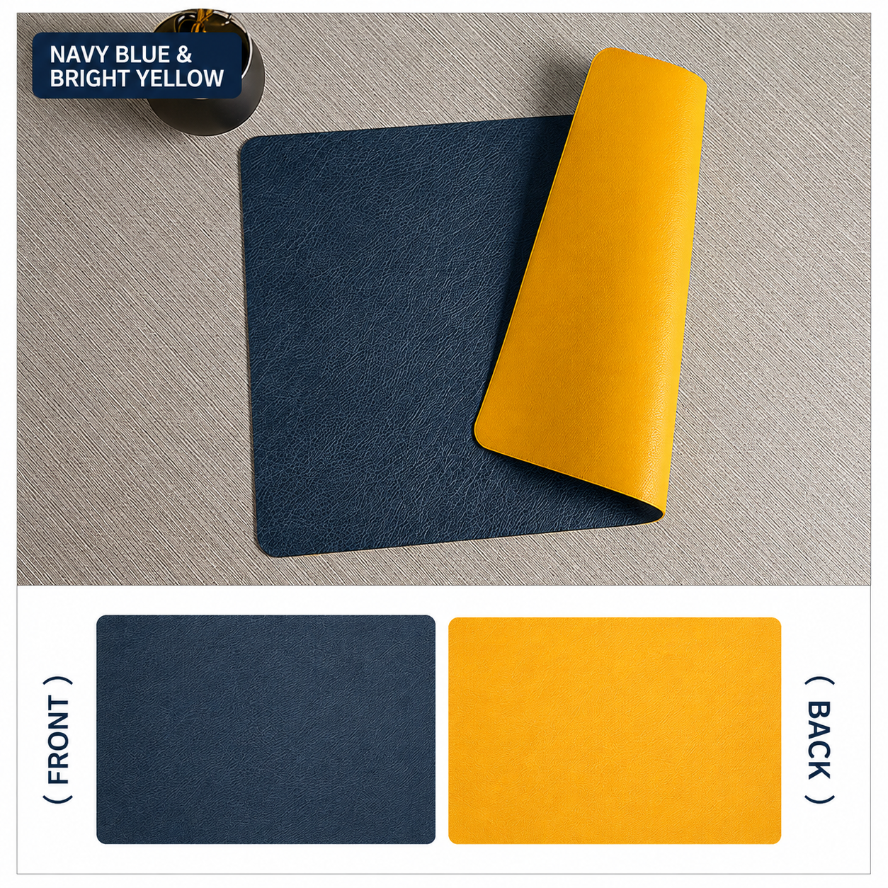 Yelona Premium Double-Sided PU Leather Placemat Set of 4 | Reversible Waterproof Heat Resistant Table Mats | Kitchen Dining Accessories | 45 x 30 cm (Navy Blue & Yellow)