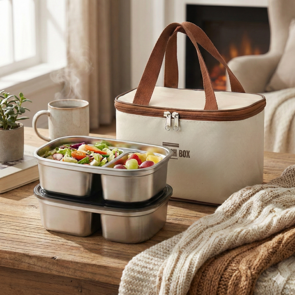 YELONA Stainless Steel 2 Bento Divided Lunch Box Containers & Insulated Lunch Bag | 304 Food Grade Steel Containers, Leakproof Vacuum Lid, Microwave Safe (Without Lid), Office, School Tiffin - 2400ml