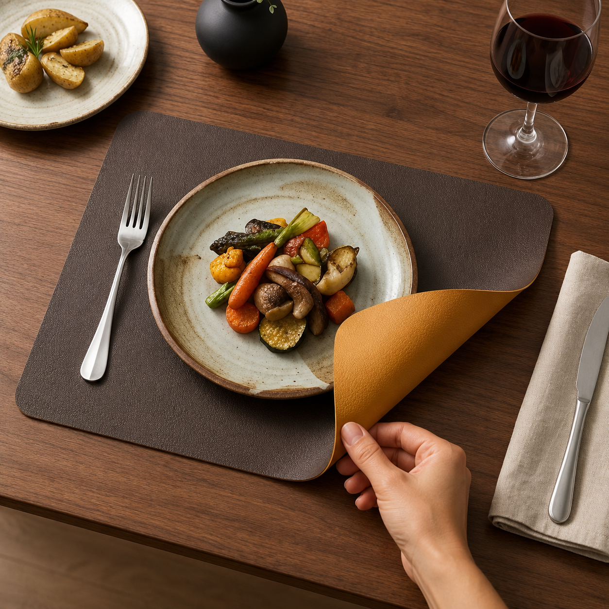 Yelona Premium Double-Sided PU Leather Placemat Set of 4 | Reversible Waterproof Heat Resistant Table Mats | Kitchen Dining Accessories | 45 x 30 cm (Brown & Turmeric)