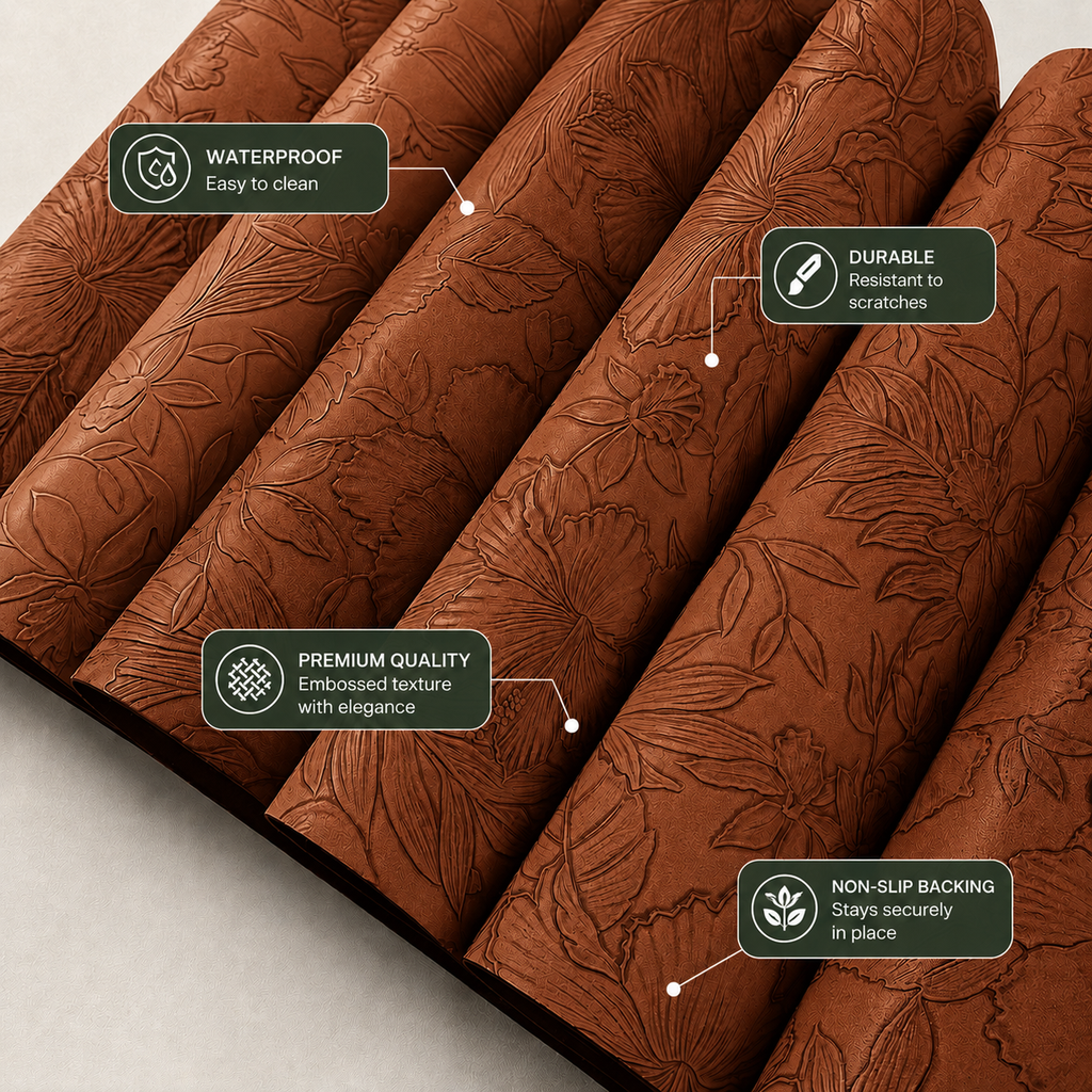 Yelona Premium Faux Leather Placemat Set of 4 | Printed Floral Design, Waterproof & Heat Resistant Table Mat | Non-Slip, Washable for Dining, Kitchen & Home Decor (Brown, 43 x 30 cm)