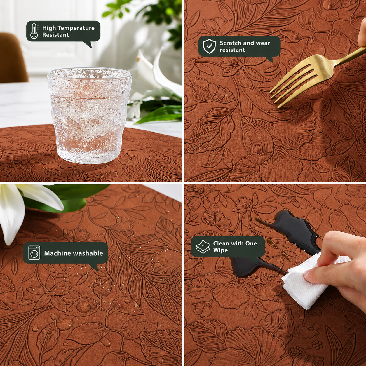 Yelona Premium Faux Leather Placemat Set of 4 | Printed Floral Design, Waterproof & Heat Resistant Table Mat | Non-Slip, Washable for Dining, Kitchen & Home Decor (Brown, 43 x 30 cm)