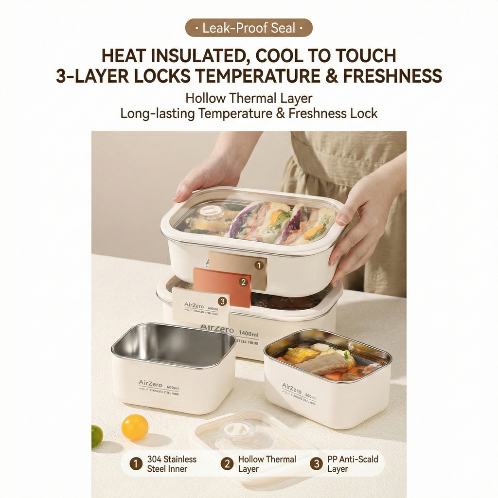 YELONA Insulated Stainless Steel Bento Lunch Box Set with Thermal Bag - Leak-Proof, Microwavable - 2750ml (3 Containers), Cream