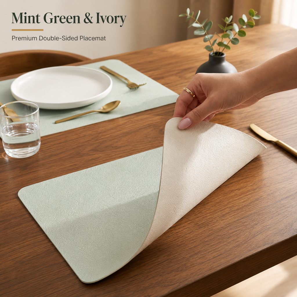 Yelona Premium Double-Sided PU Leather Placemat Set of 4 | Reversible Waterproof Heat Resistant Table Mats | Kitchen Dining Accessories | 45 x 30 cm (Mint Green & Ivory)