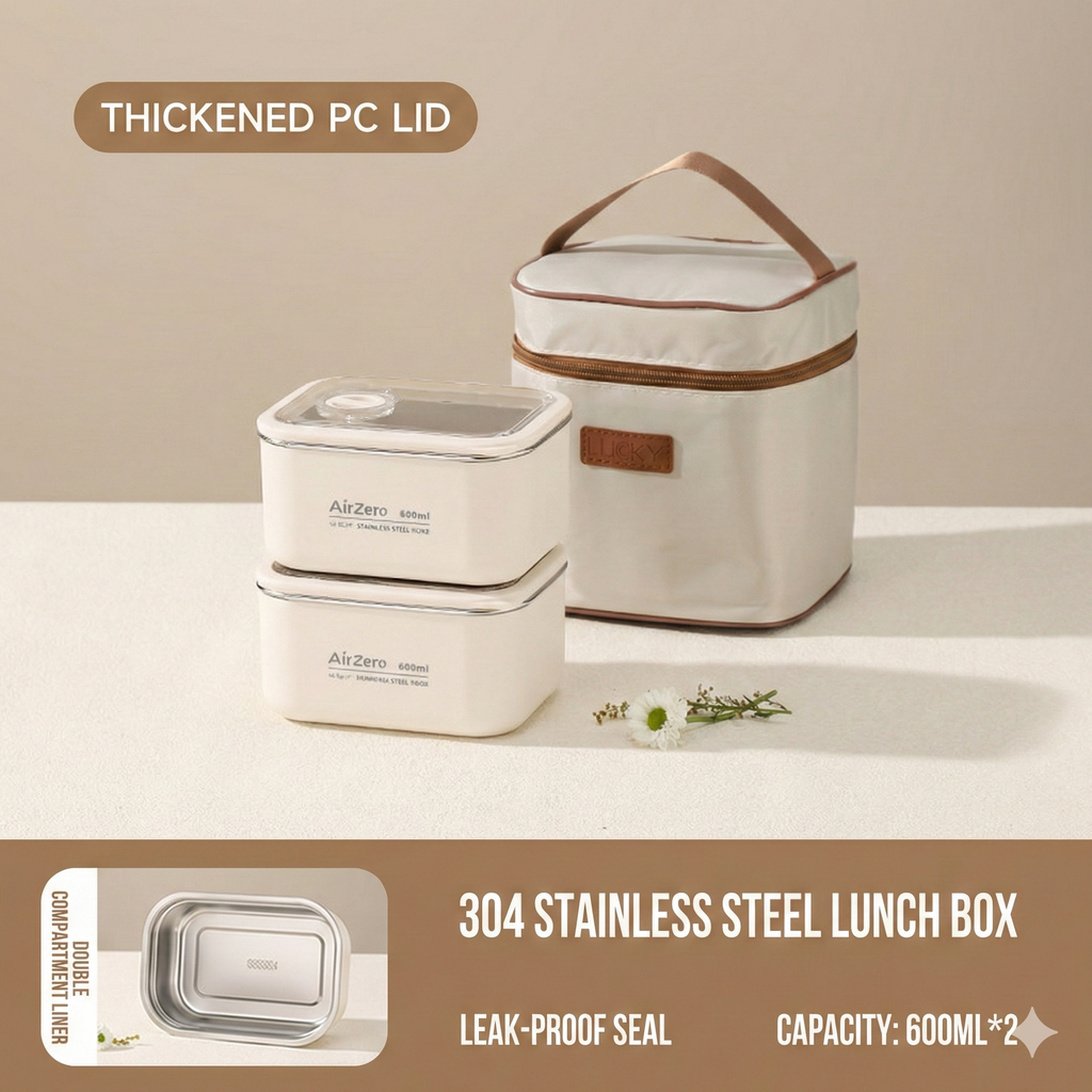 YELONA Stainless Steel Bento Lunch Box Set with Insulated Bag - Microwave & Dishwasher Safe Tiffin Box for Office & School, Leak-Proof Meal Prep Containers - 1200ml (2 x 600ml), Beige