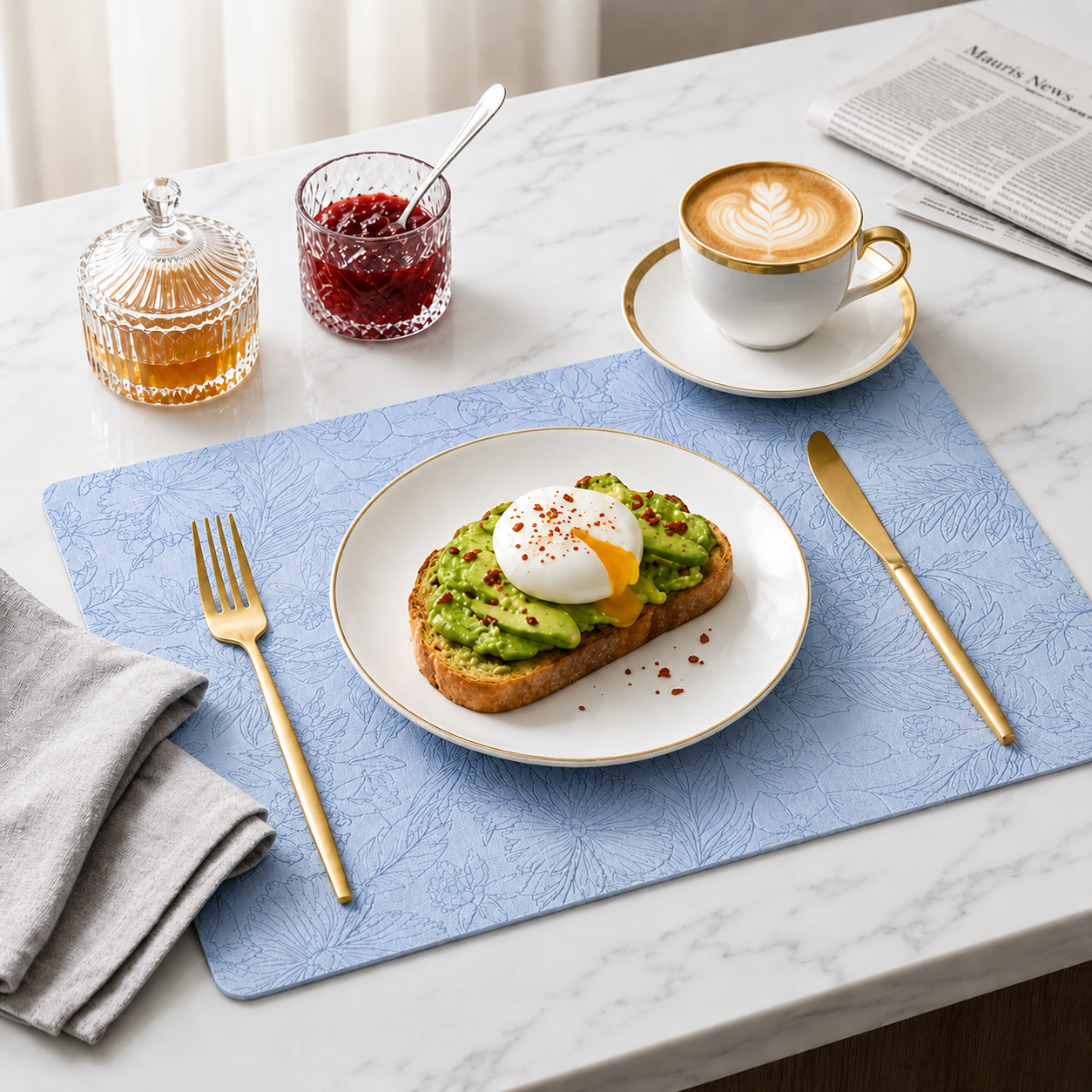 Yelona Premium Faux Leather Placemat Set of 4 | Printed Floral Design, Waterproof & Heat Resistant Table Mat | Non-Slip, Washable for Dining, Kitchen & Home Decor (Sky Blue, 43 x 30 cm)