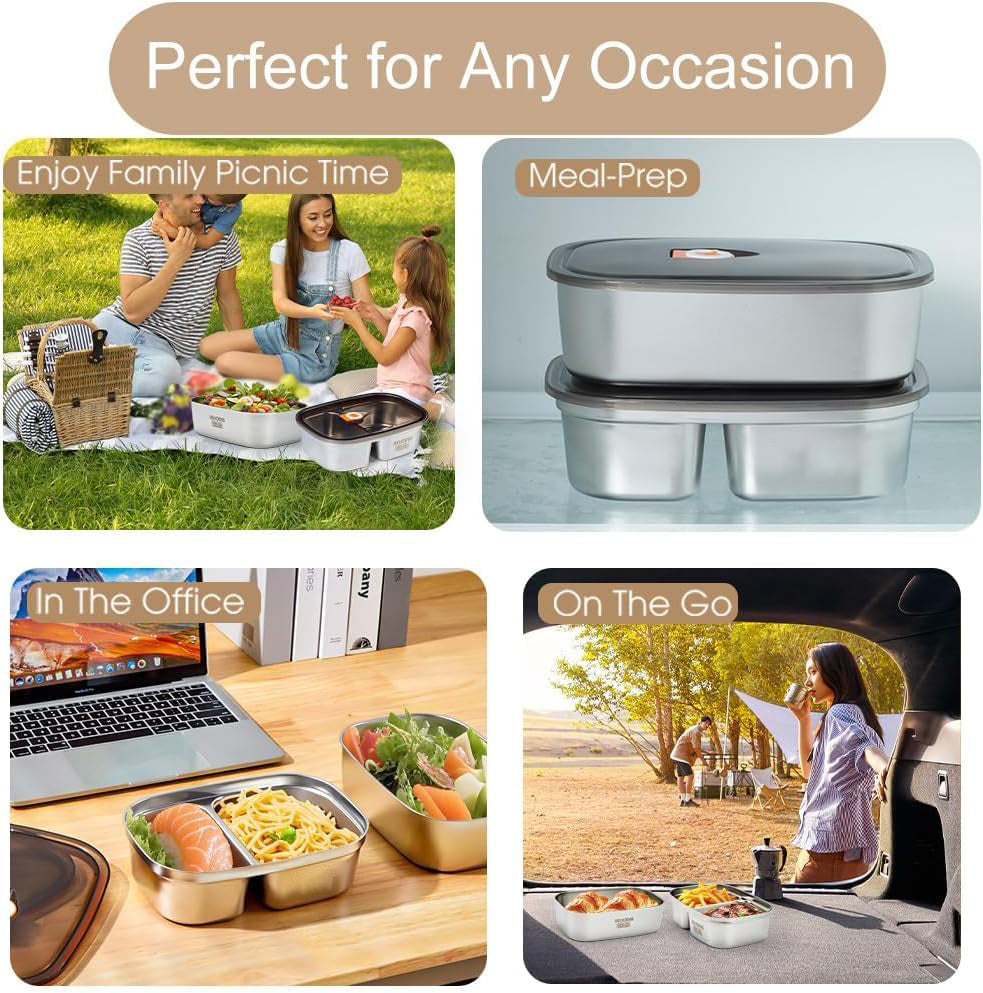 YELONA Stainless Steel 2 Bento Divided Lunch Box Containers & Insulated Lunch Bag | 304 Food Grade Steel Containers, Leakproof Vacuum Lid, Microwave Safe (Without Lid), Office, School Tiffin - 2400ml