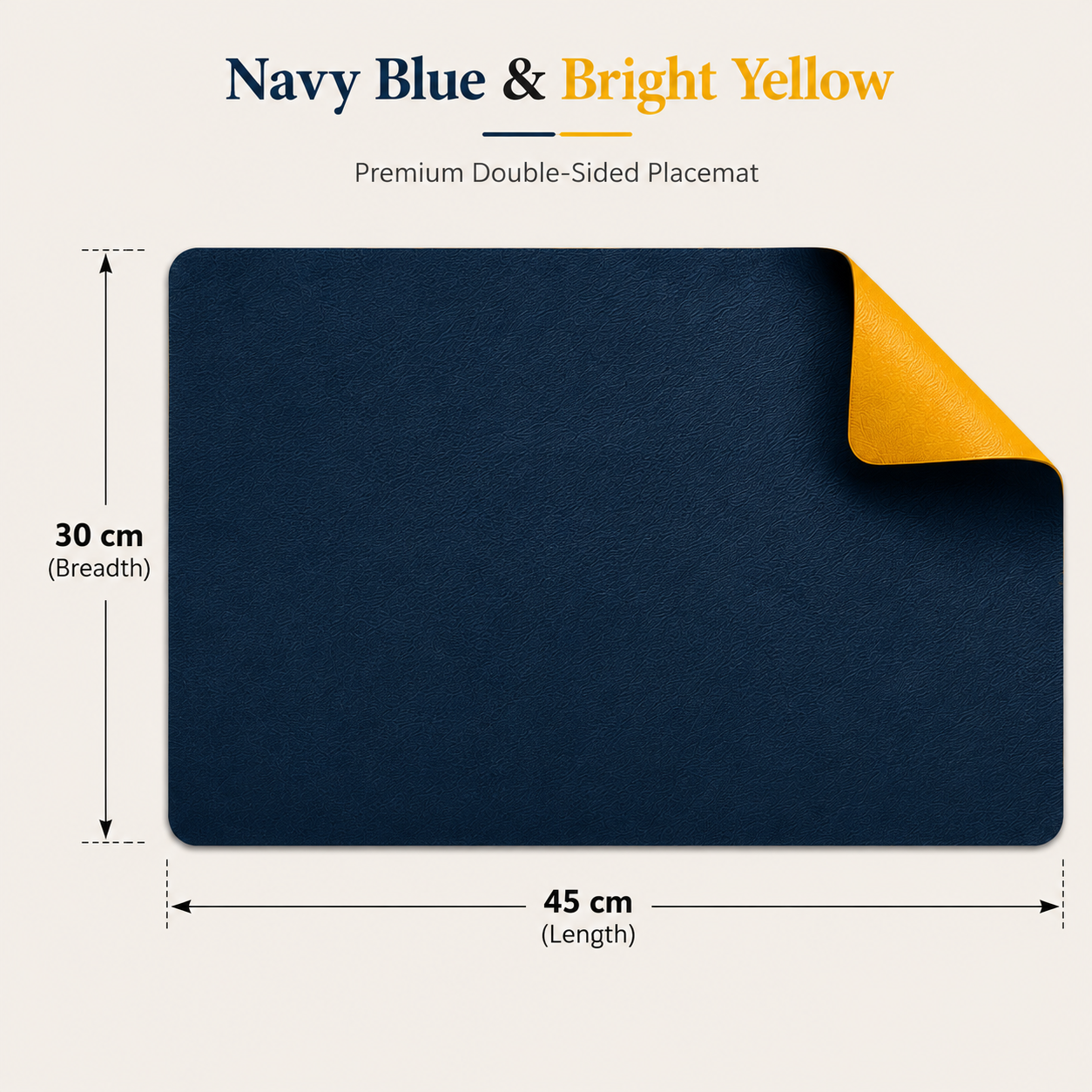 Yelona Premium Double-Sided PU Leather Placemat Set of 4 | Reversible Waterproof Heat Resistant Table Mats | Kitchen Dining Accessories | 45 x 30 cm (Navy Blue & Yellow)