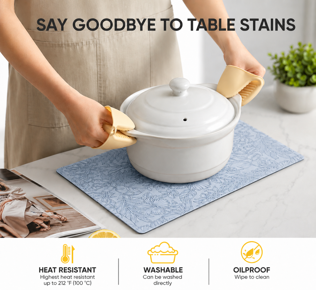 Yelona Premium Faux Leather Placemat Set of 6 | Printed Floral Design, Waterproof & Heat Resistant Table Mat | Non-Slip, Washable for Dining, Kitchen & Home Decor (Sky Blue, 43 x 30 cm)