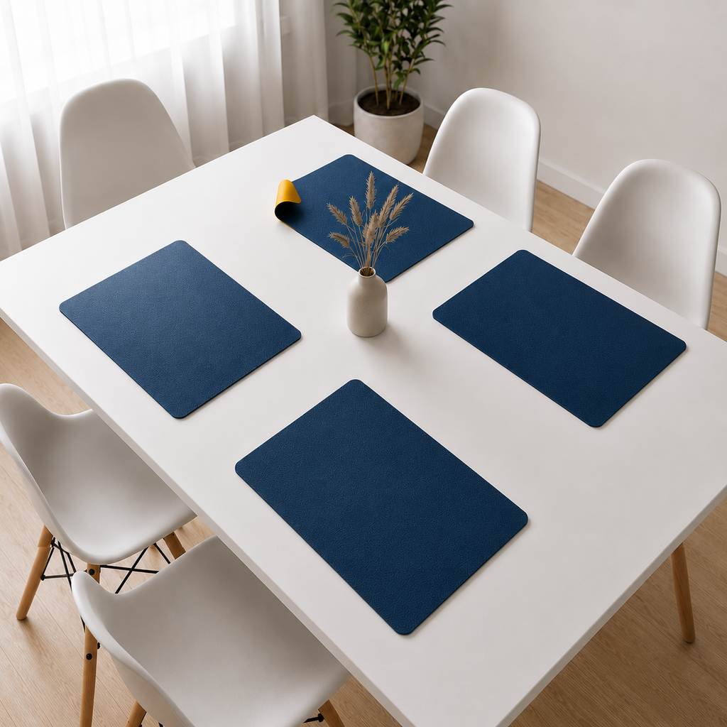 Yelona Premium Double-Sided PU Leather Placemat Set of 4 | Reversible Waterproof Heat Resistant Table Mats | Kitchen Dining Accessories | 45 x 30 cm (Navy Blue & Yellow)