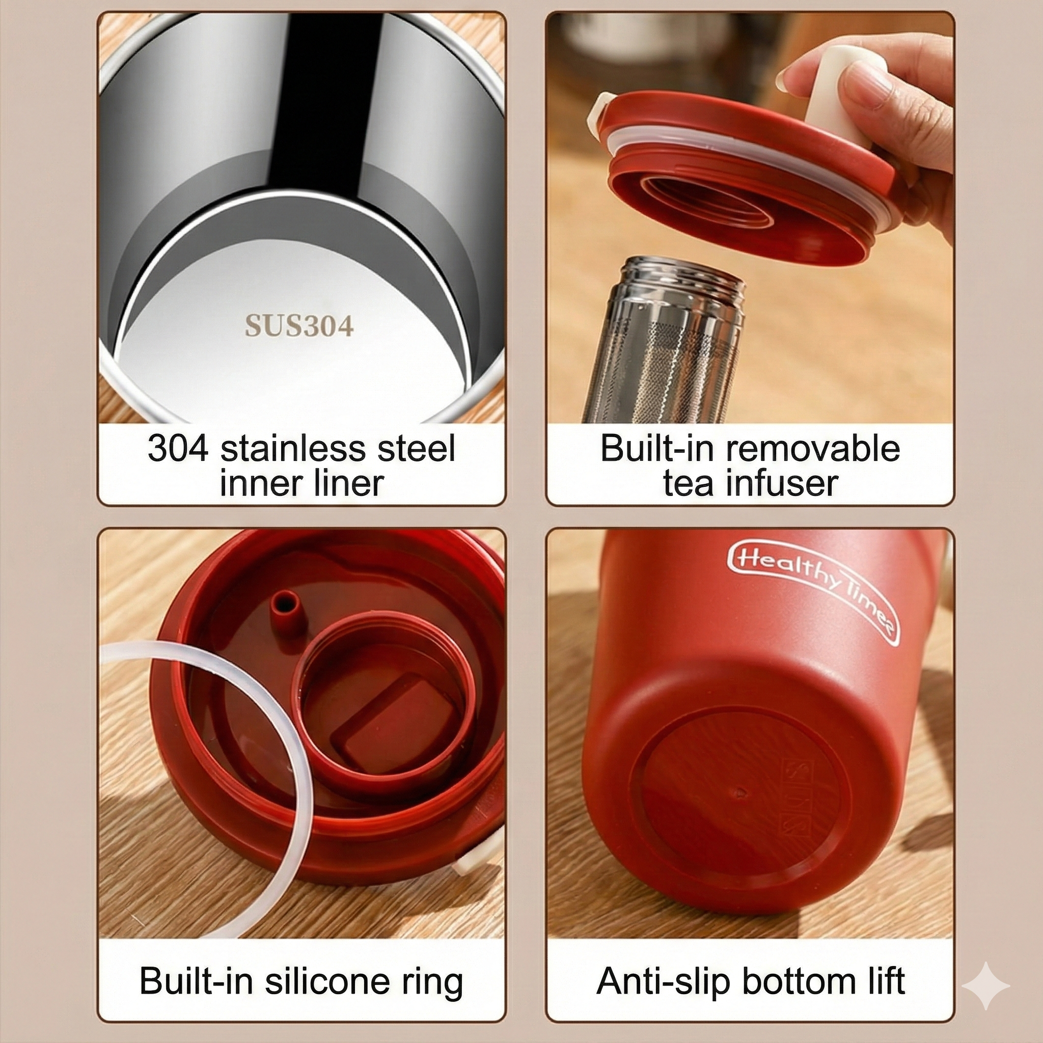 YELONA Tea Infuser Travel Mug with Stainless Steel Filter & Straw, Leakproof Coffee Tumbler for Car Cup Holders | Water Bottle, 600ML - Ruby Red