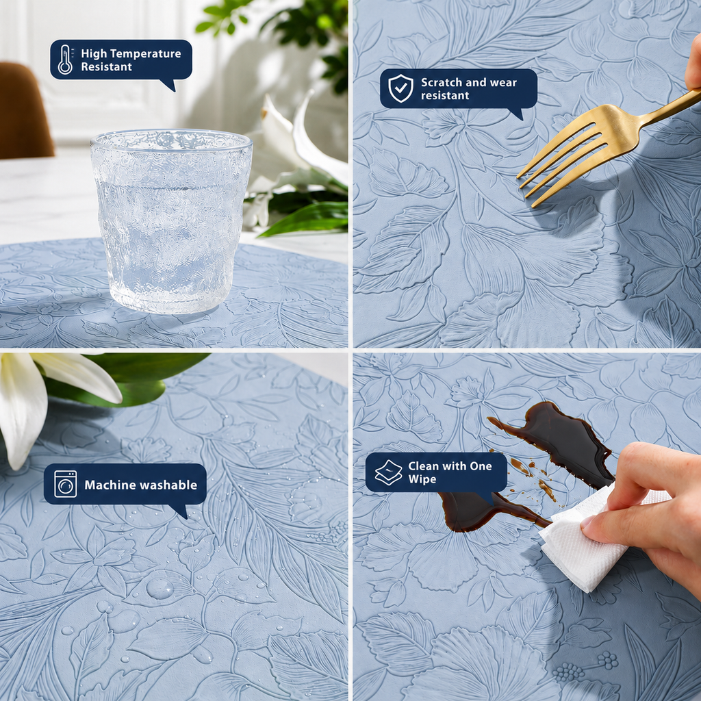 Yelona Premium Faux Leather Placemat Set of 4 | Printed Floral Design, Waterproof & Heat Resistant Table Mat | Non-Slip, Washable for Dining, Kitchen & Home Decor (Sky Blue, 43 x 30 cm)