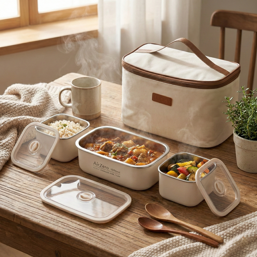 YELONA Insulated Stainless Steel Bento Lunch Box Set with Thermal Bag - Leak-Proof, Microwavable - 2750ml (3 Containers), Cream