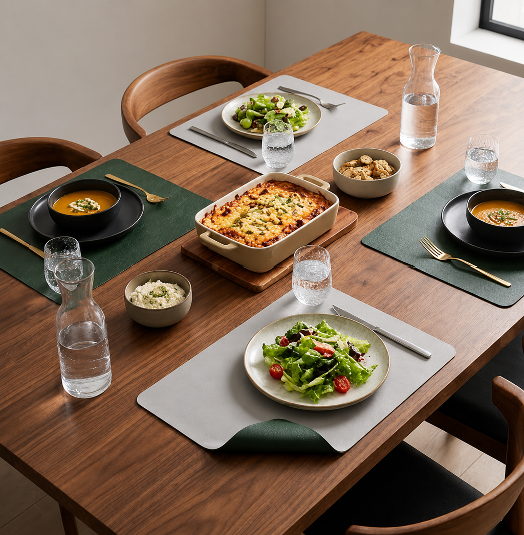 Yelona Premium Double-Sided PU Leather Placemat Set of 4 | Reversible Waterproof Heat Resistant Table Mats | Kitchen Dining Accessories | 45 x 30 cm (Dark Green & Grey)