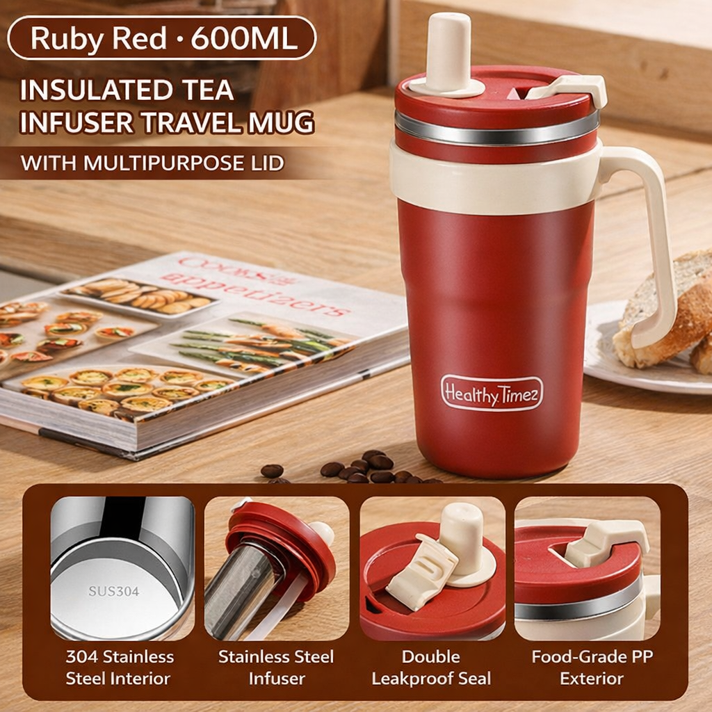 YELONA Tea Infuser Travel Mug with Stainless Steel Filter & Straw, Leakproof Coffee Tumbler for Car Cup Holders | Water Bottle, 600ML - Ruby Red