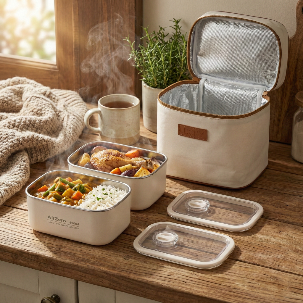 YELONA Stainless Steel Bento Lunch Box Set with Insulated Bag - Microwave & Dishwasher Safe Tiffin Box for Office & School, Leak-Proof Meal Prep Containers - 1200ml (2 x 600ml), Beige