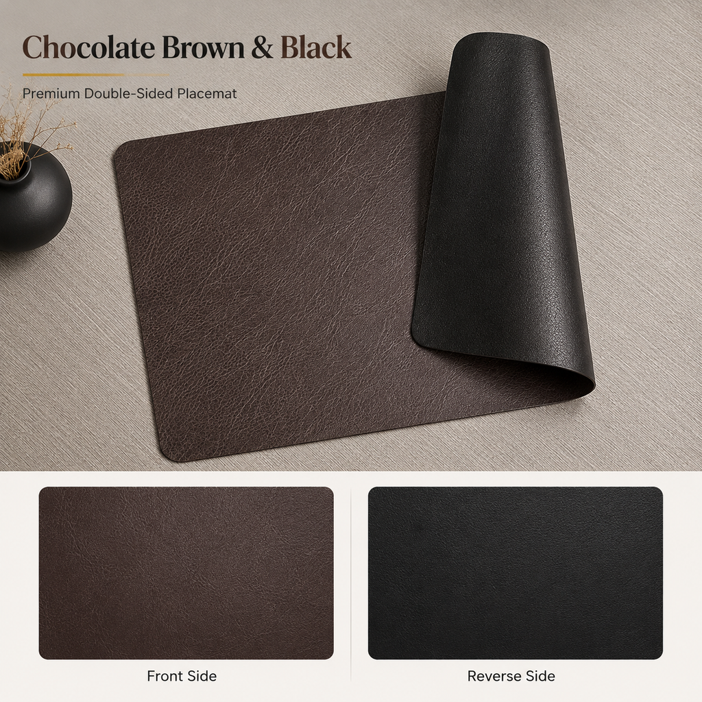 Yelona Premium Double-Sided PU Leather Placemat Set of 4 | Reversible Waterproof Heat Resistant Table Mats | Kitchen Dining Accessories | 45 x 30 cm (Charcoal Brown & Black)
