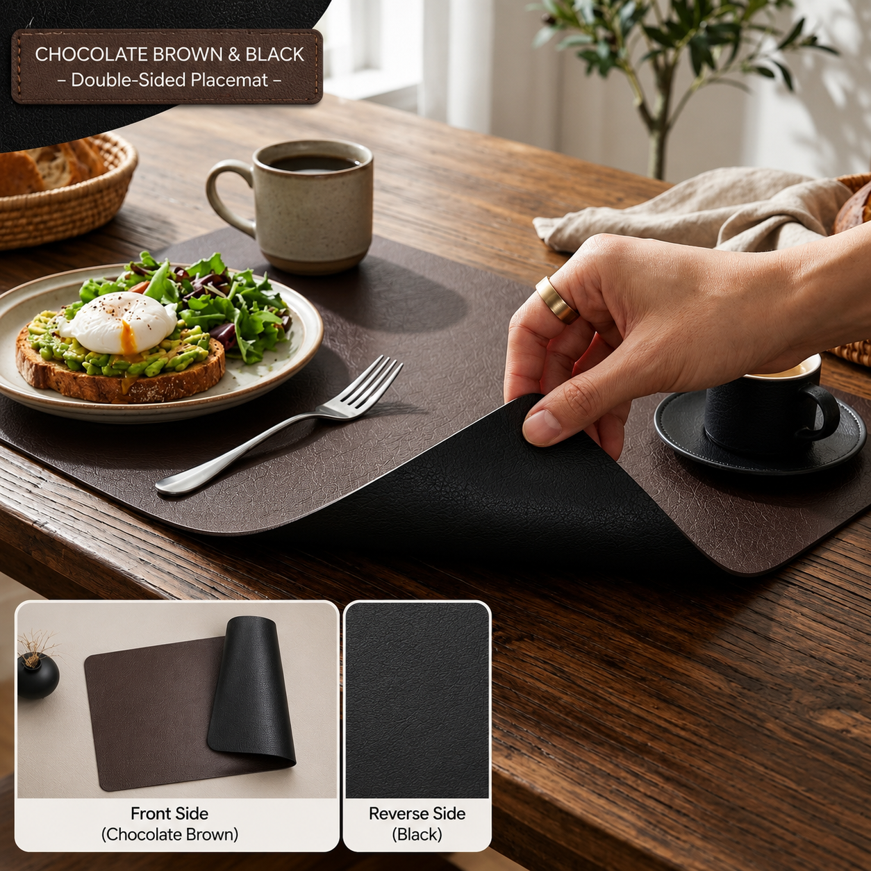 Yelona Premium Double-Sided PU Leather Placemat Set of 4 | Reversible Waterproof Heat Resistant Table Mats | Kitchen Dining Accessories | 45 x 30 cm (Charcoal Brown & Black)