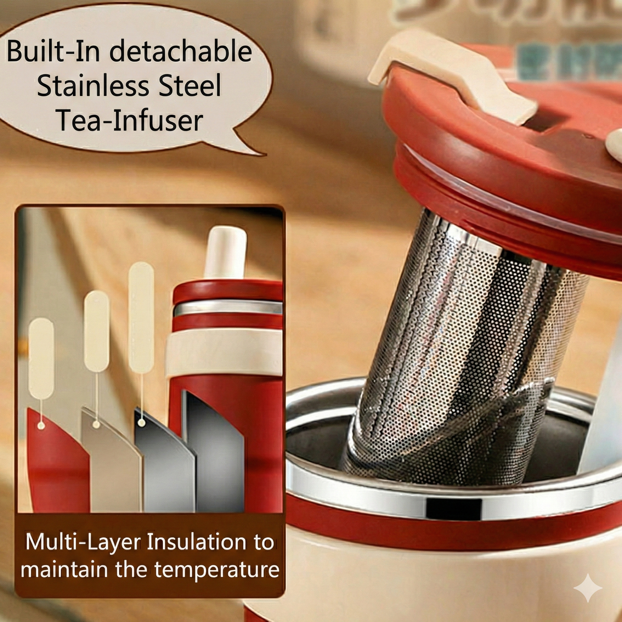 YELONA Tea Infuser Travel Mug with Stainless Steel Filter & Straw, Leakproof Coffee Tumbler for Car Cup Holders | Water Bottle, 600ML - Ruby Red