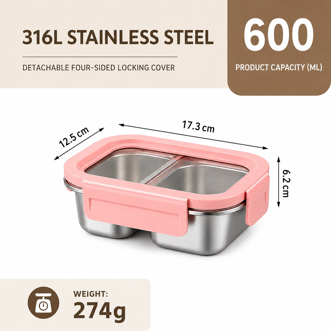 YELONA 316L Stainless Steel 600ML Lunch Box for Kids & Adults | Leakproof Bento Box with 2 Compartments, Removable 4 Side Lock Lid | Microwave Safe Steel Tiffin Box for Office School Travel - Pink