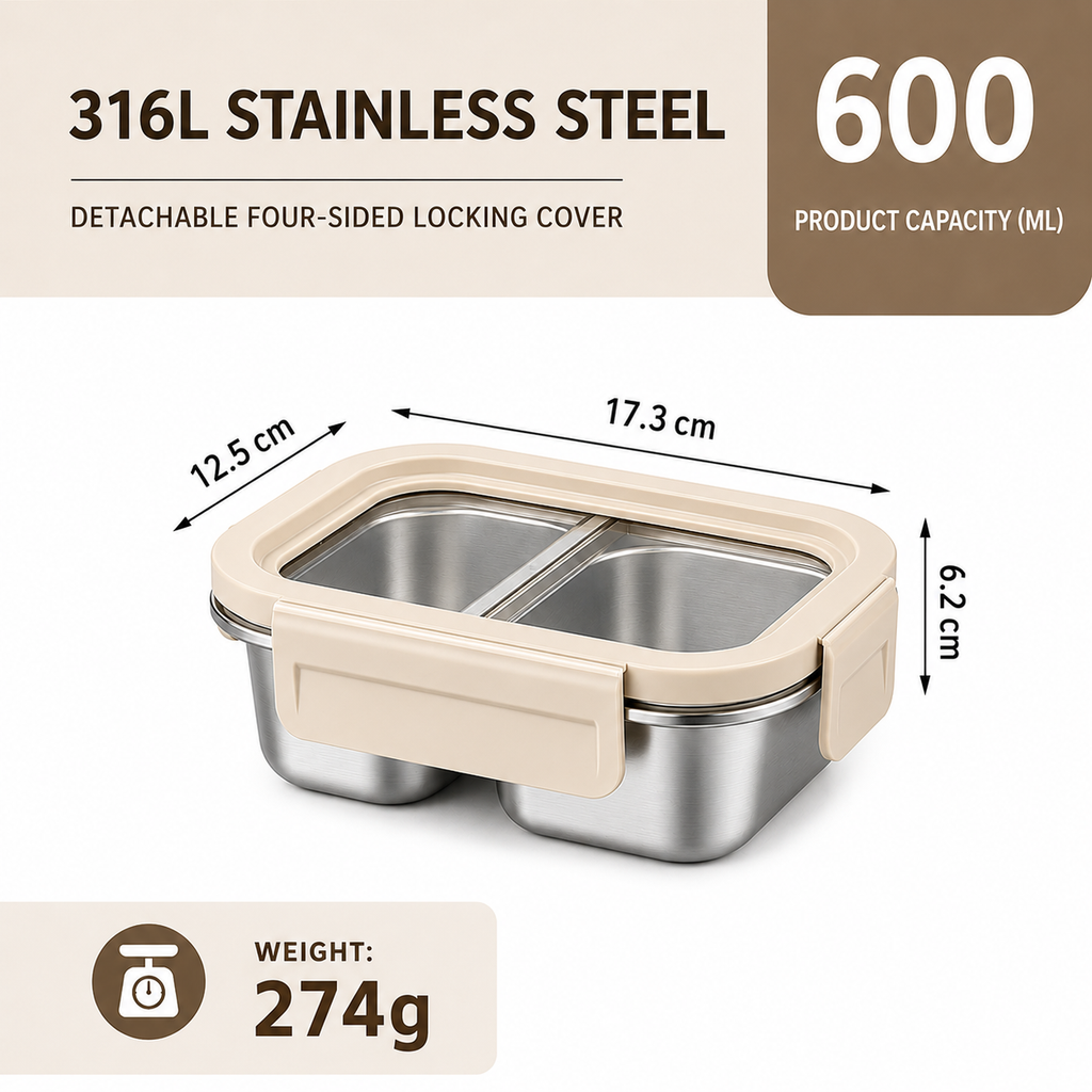 YELONA 316L Stainless Steel 600ML Lunch Box for Kids & Adults | Leakproof Bento Box with 2 Compartments, Removable 4 Side Lock Lid | Microwave Safe Steel Tiffin Box for Office School Travel - Beige