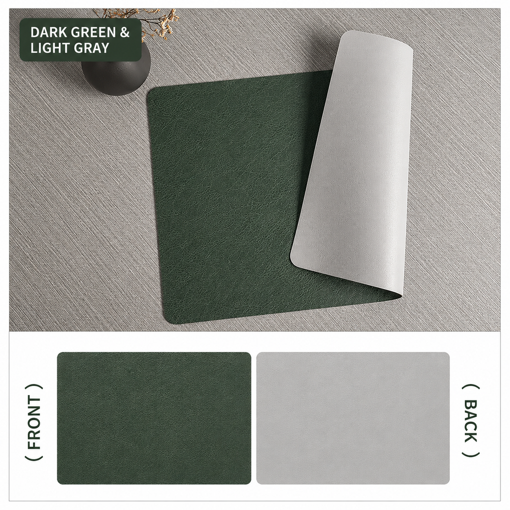 Yelona Premium Double-Sided PU Leather Placemat Set of 4 | Reversible Waterproof Heat Resistant Table Mats | Kitchen Dining Accessories | 45 x 30 cm (Dark Green & Grey)