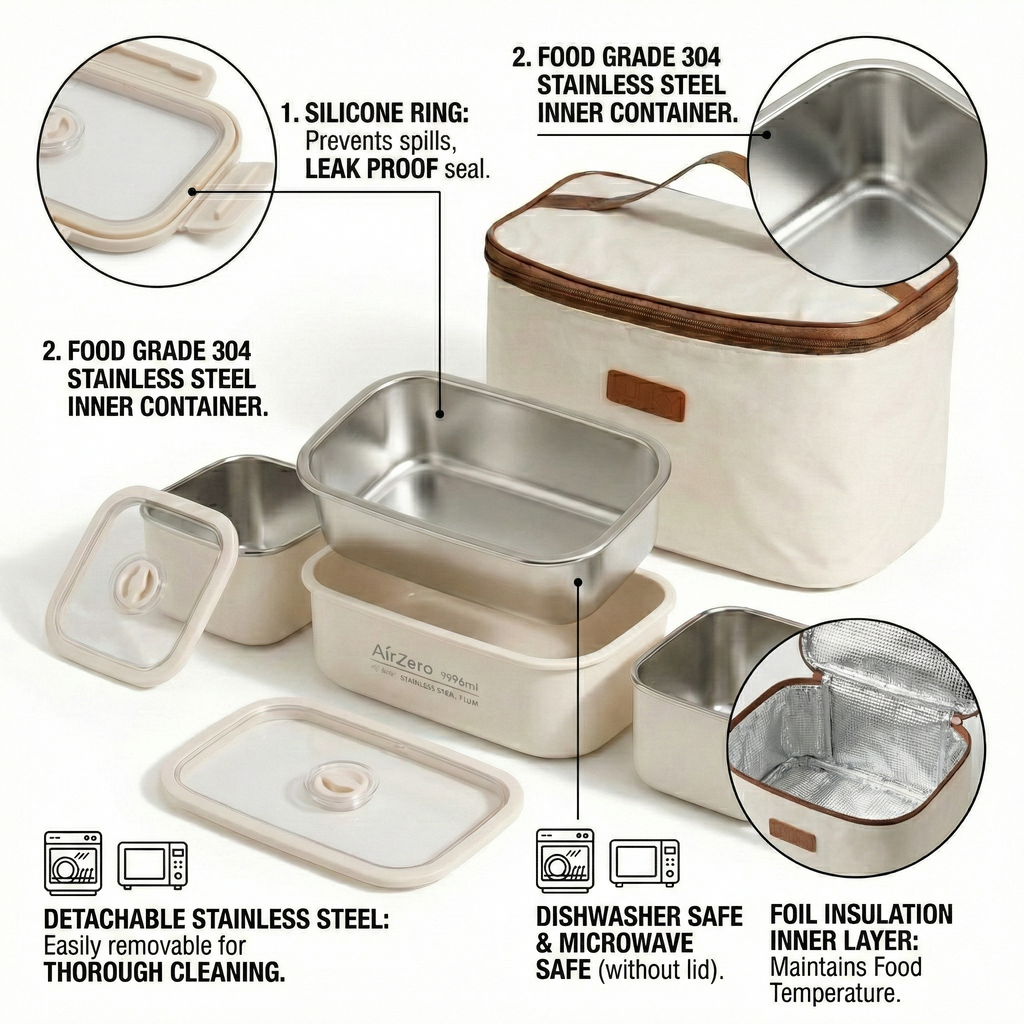 YELONA Insulated Stainless Steel Bento Lunch Box Set with Thermal Bag - Leak-Proof, Microwavable - 2750ml (3 Containers), Cream