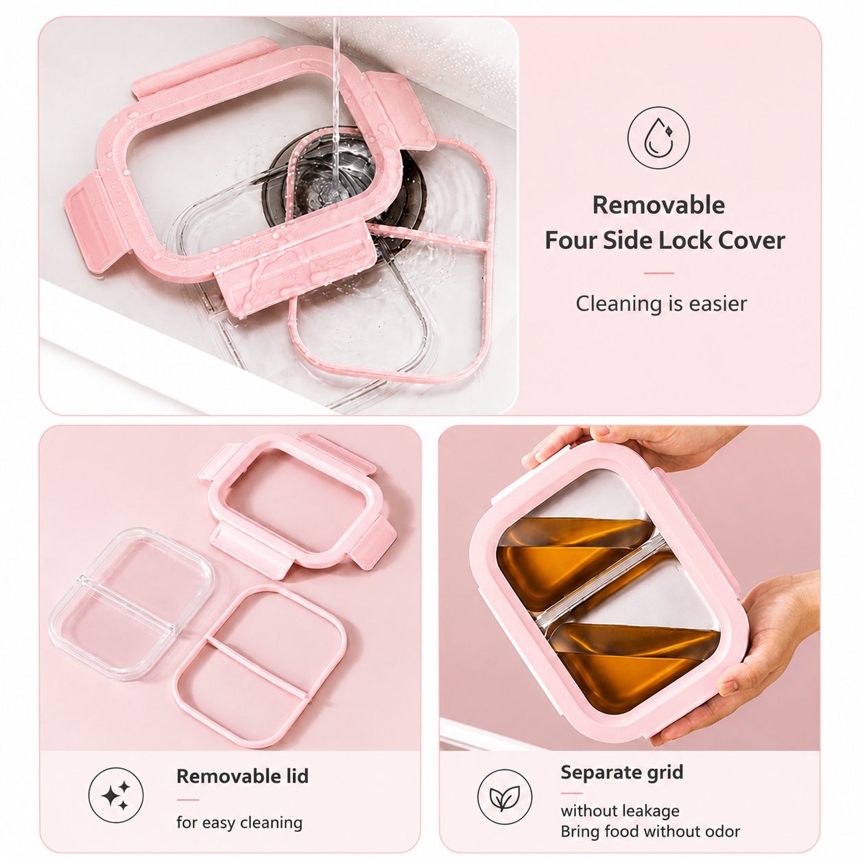 YELONA 316L Stainless Steel 600ML Lunch Box for Kids & Adults | Leakproof Bento Box with 2 Compartments, Removable 4 Side Lock Lid | Microwave Safe Steel Tiffin Box for Office School Travel - Pink