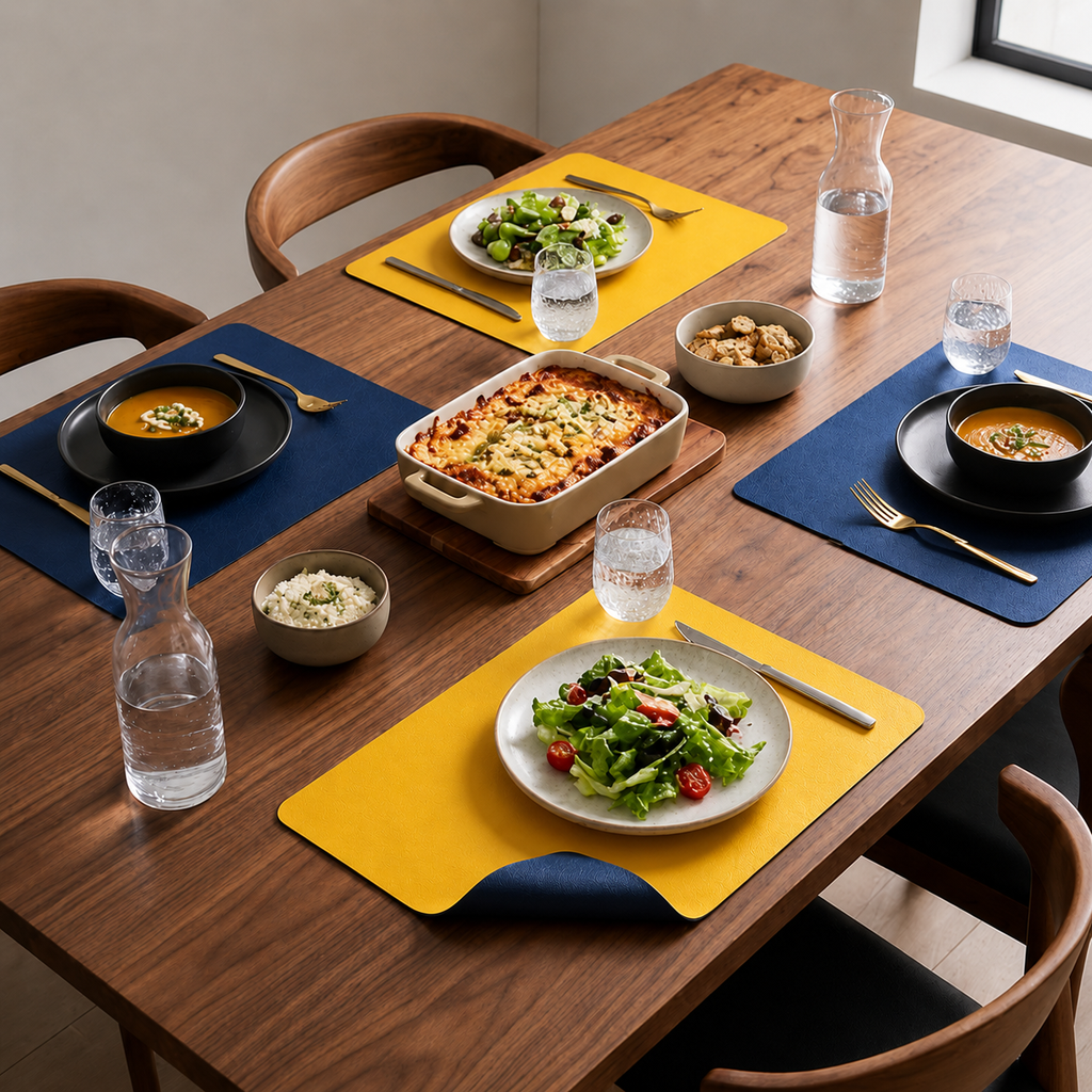Yelona Premium Double-Sided PU Leather Placemat Set of 4 | Reversible Waterproof Heat Resistant Table Mats | Kitchen Dining Accessories | 45 x 30 cm (Navy Blue & Yellow)