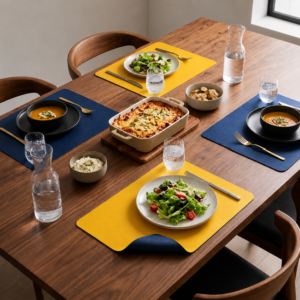 Yelona Premium Double-Sided PU Leather Placemat Set of 4 | Reversible Waterproof Heat Resistant Table Mats | Kitchen Dining Accessories | 45 x 30 cm (Navy Blue & Yellow)