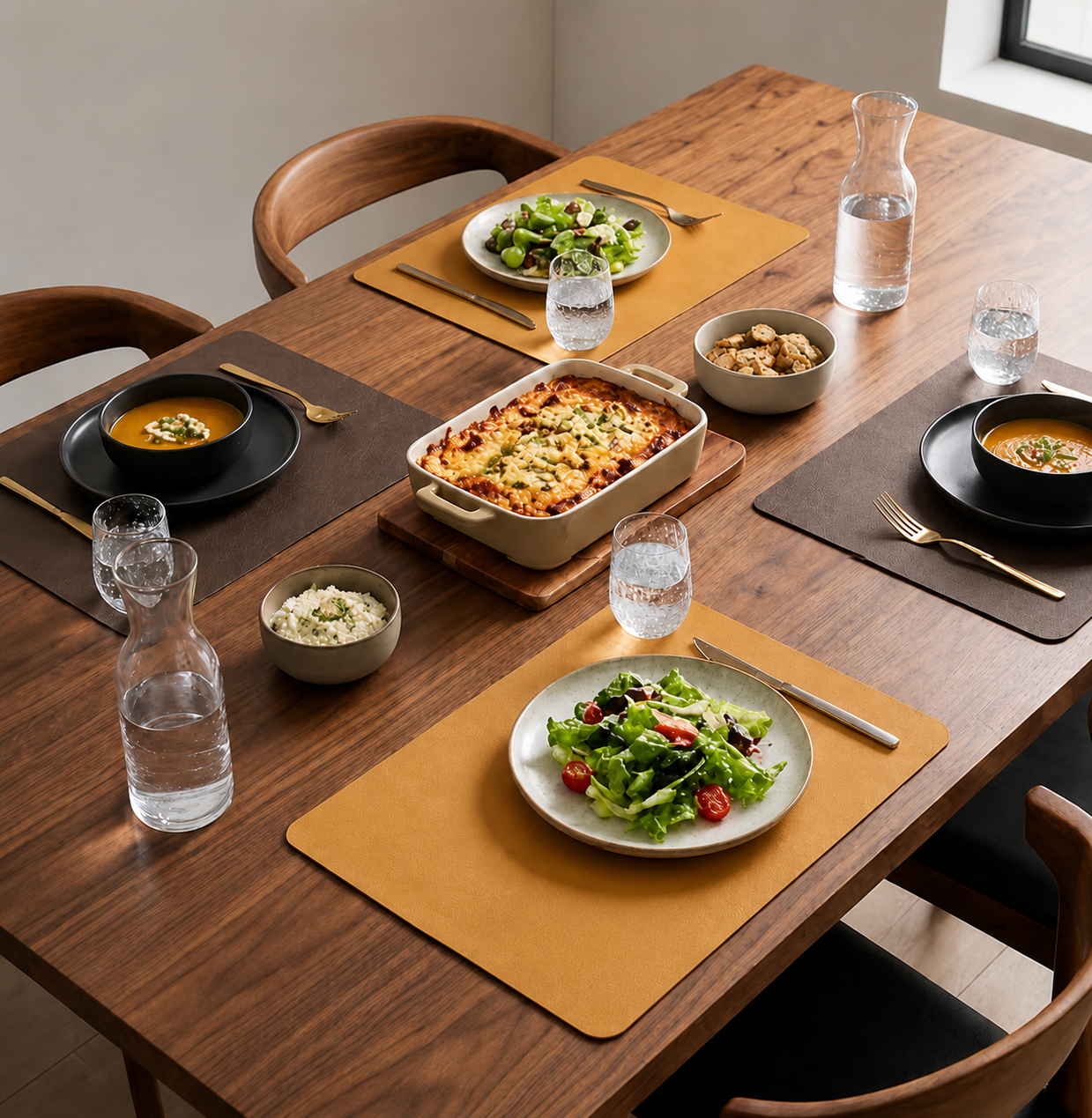 Yelona Premium Double-Sided PU Leather Placemat Set of 4 | Reversible Waterproof Heat Resistant Table Mats | Kitchen Dining Accessories | 45 x 30 cm (Brown & Turmeric)