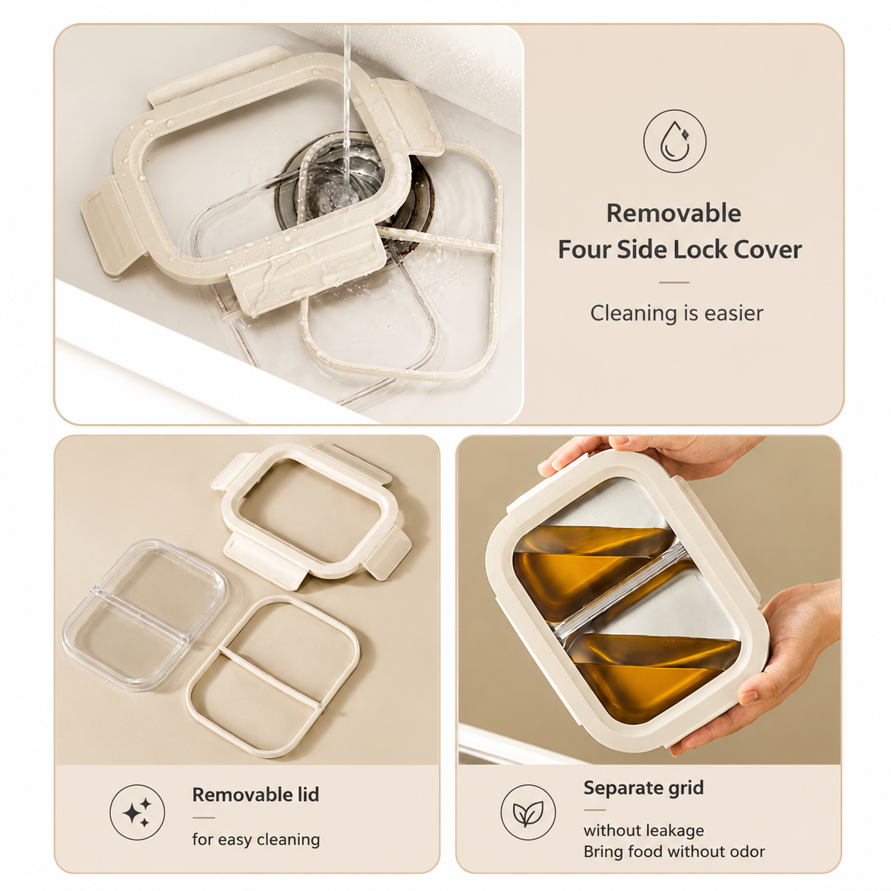 YELONA 316L Stainless Steel 600ML Lunch Box for Kids & Adults | Leakproof Bento Box with 2 Compartments, Removable 4 Side Lock Lid | Microwave Safe Steel Tiffin Box for Office School Travel - Beige