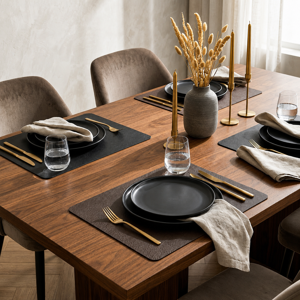 Yelona Premium Double-Sided PU Leather Placemat Set of 4 | Reversible Waterproof Heat Resistant Table Mats | Kitchen Dining Accessories | 45 x 30 cm (Charcoal Brown & Black)