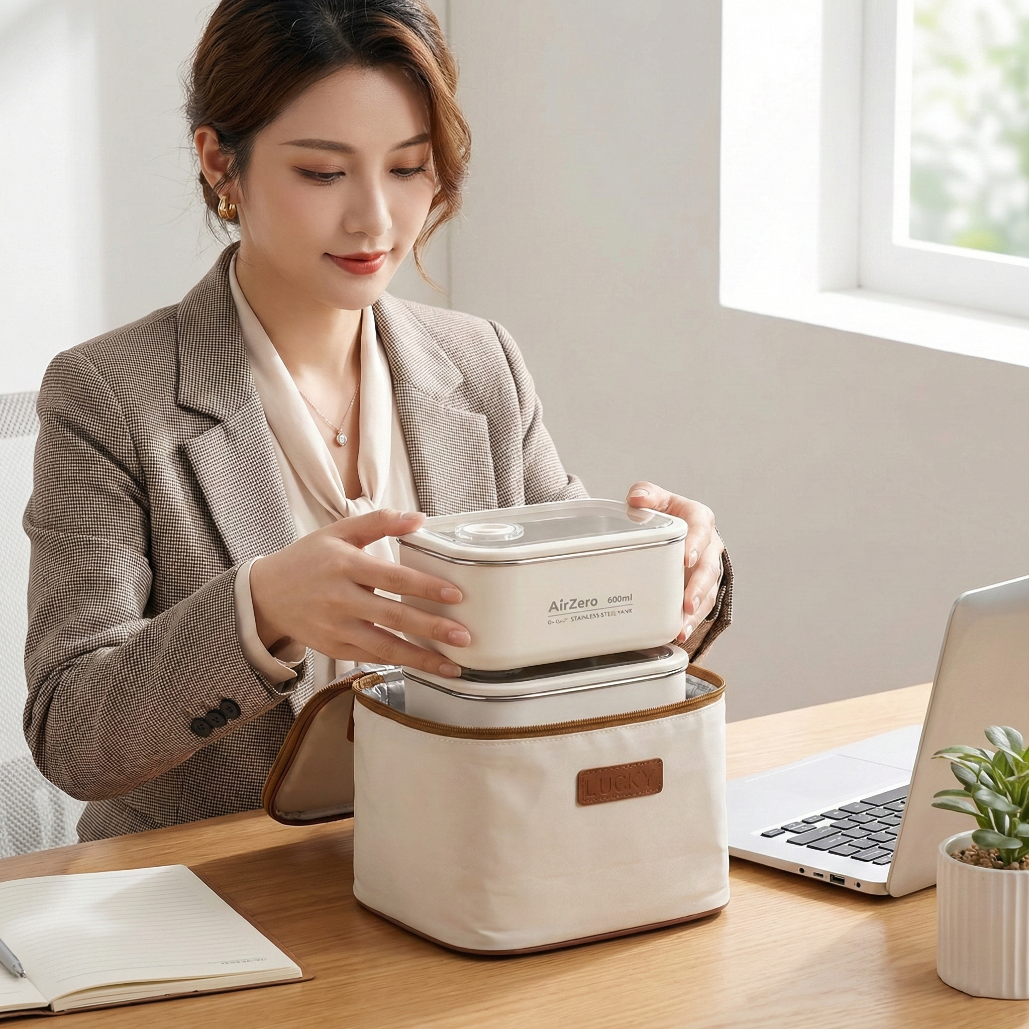 YELONA Stainless Steel Bento Lunch Box Set with Insulated Bag - Microwave & Dishwasher Safe Tiffin Box for Office & School, Leak-Proof Meal Prep Containers - 1200ml (2 x 600ml), Beige