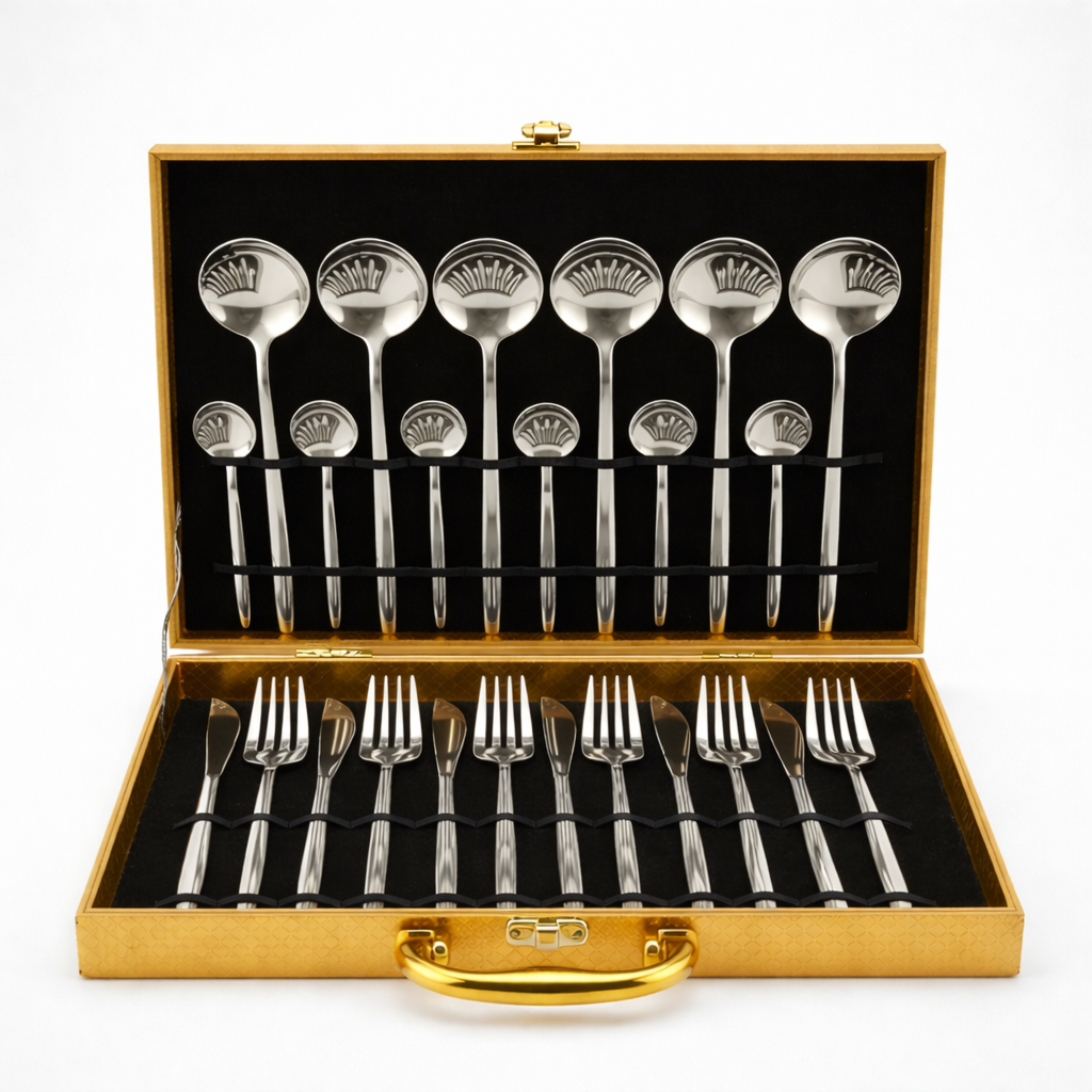 Yelona 24-Piece Cutlery Set with Storage Box | SUS410 Stainless Steel Dinner Set | Luxury Gift Set with Carry Case | Premium Spoon Fork Knife Set for Dining & Festive Gifting - Silver
