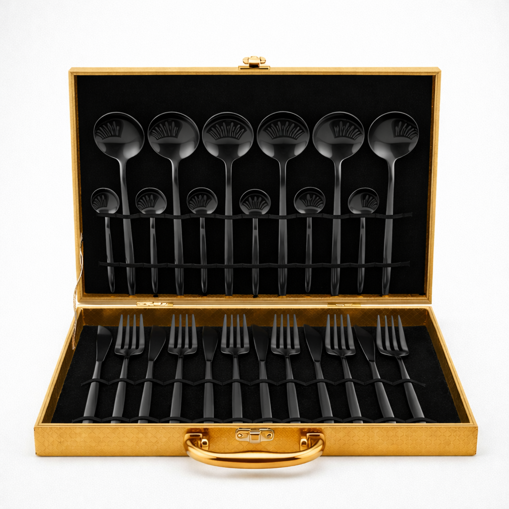 Yelona 24-Piece Cutlery Set with Storage Box | SUS410 Stainless Steel Dinner Set | Luxury Gift Set with Carry Case | Premium Spoon Fork Knife Set for Dining & Festive Gifting - Black
