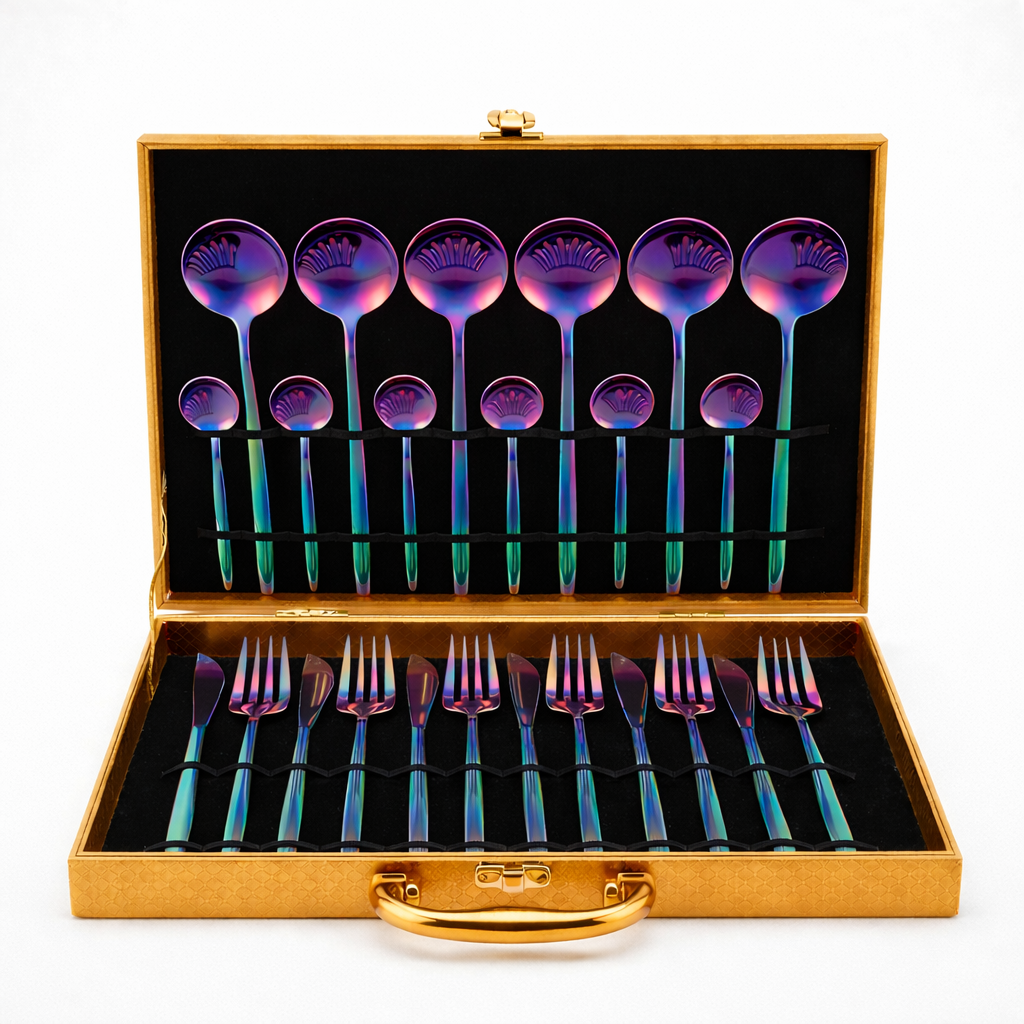 Yelona 24-Piece Cutlery Set with Storage Box | SUS410 Stainless Steel Dinner Set | Luxury Gift Set with Carry Case | Premium Spoon Fork Knife Set for Dining & Festive Gifting - Rainbow
