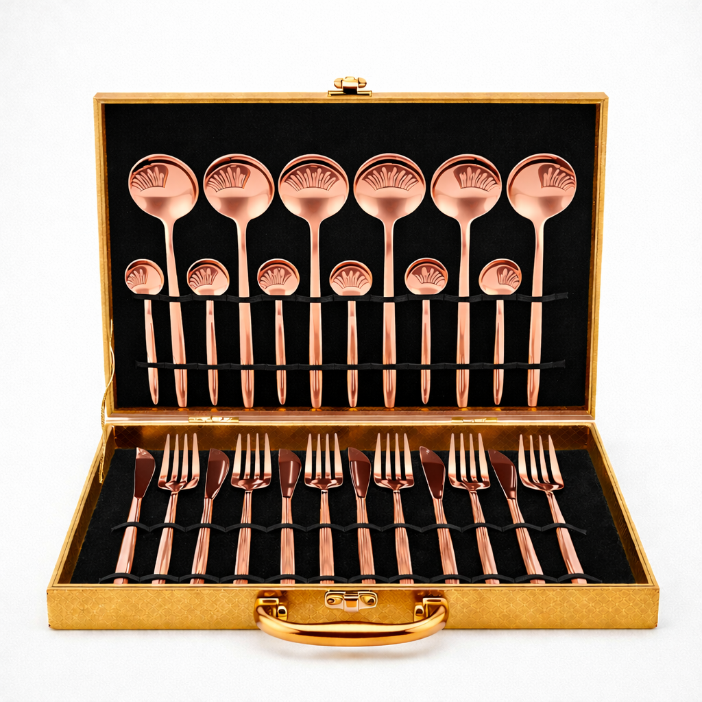KitchAntique 24-Piece Cutlery Set with Storage Box | SUS410 Stainless Steel Dinner Set | Luxury Gift Set with Carry Case | Premium Spoon Fork Knife Set for Dining & Festive Gifting - Rose Gold