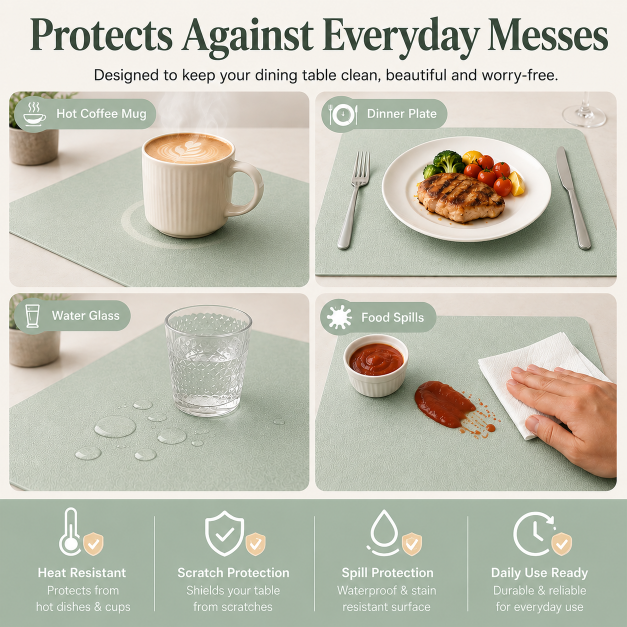 Yelona Premium Double-Sided PU Leather Placemat Set of 4 | Reversible Waterproof Heat Resistant Table Mats | Kitchen Dining Accessories | 45 x 30 cm (Mint Green & Ivory)