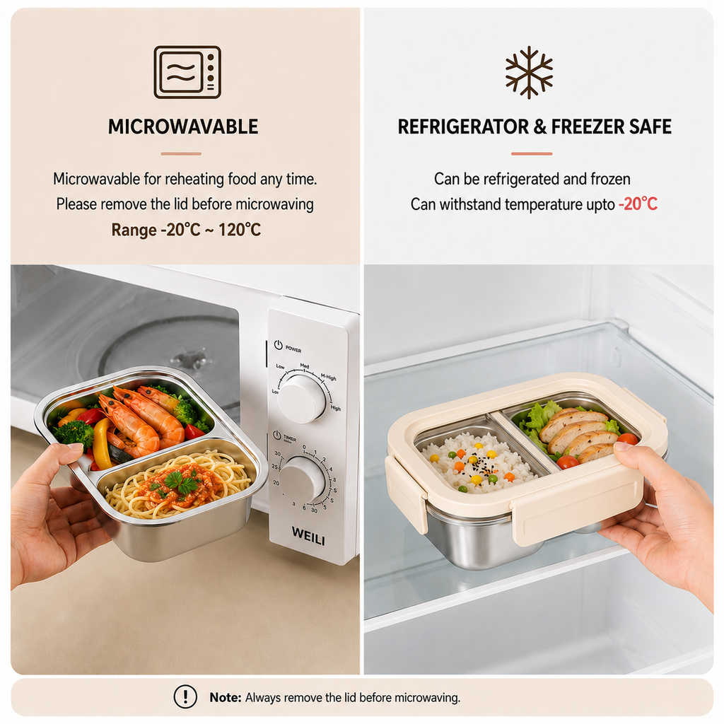 YELONA 316L Stainless Steel 600ML Lunch Box for Kids & Adults | Leakproof Bento Box with 2 Compartments, Removable 4 Side Lock Lid | Microwave Safe Steel Tiffin Box for Office School Travel - Beige