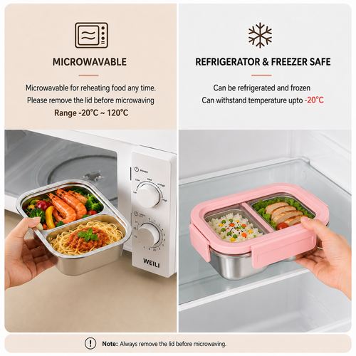 YELONA 316L Stainless Steel 600ML Lunch Box for Kids & Adults | Leakproof Bento Box with 2 Compartments, Removable 4 Side Lock Lid | Microwave Safe Steel Tiffin Box for Office School Travel - Pink