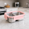 YELONA 316L Stainless Steel 600ML Lunch Box for Kids & Adults | Leakproof Bento Box with 2 Compartments, Removable 4 Side Lock Lid | Microwave Safe Steel Tiffin Box for Office School Travel - Pink